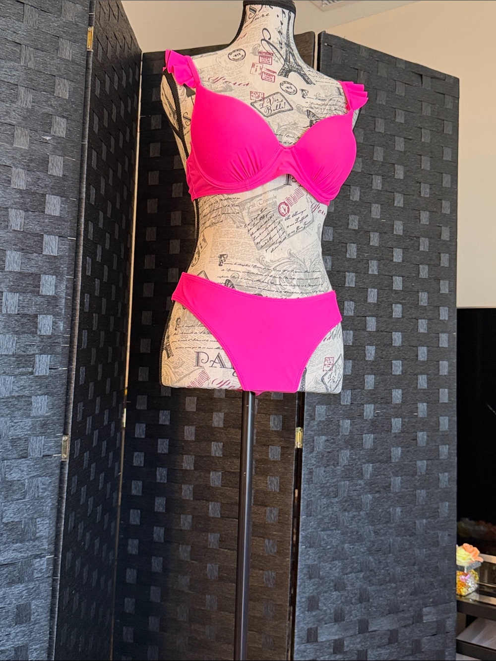Hot Pink Ruffled Strap Bikini Set